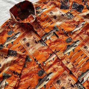 North River Outfitters Mens Button Down Shirt Sz L Orange Fly Fishing Vibrant